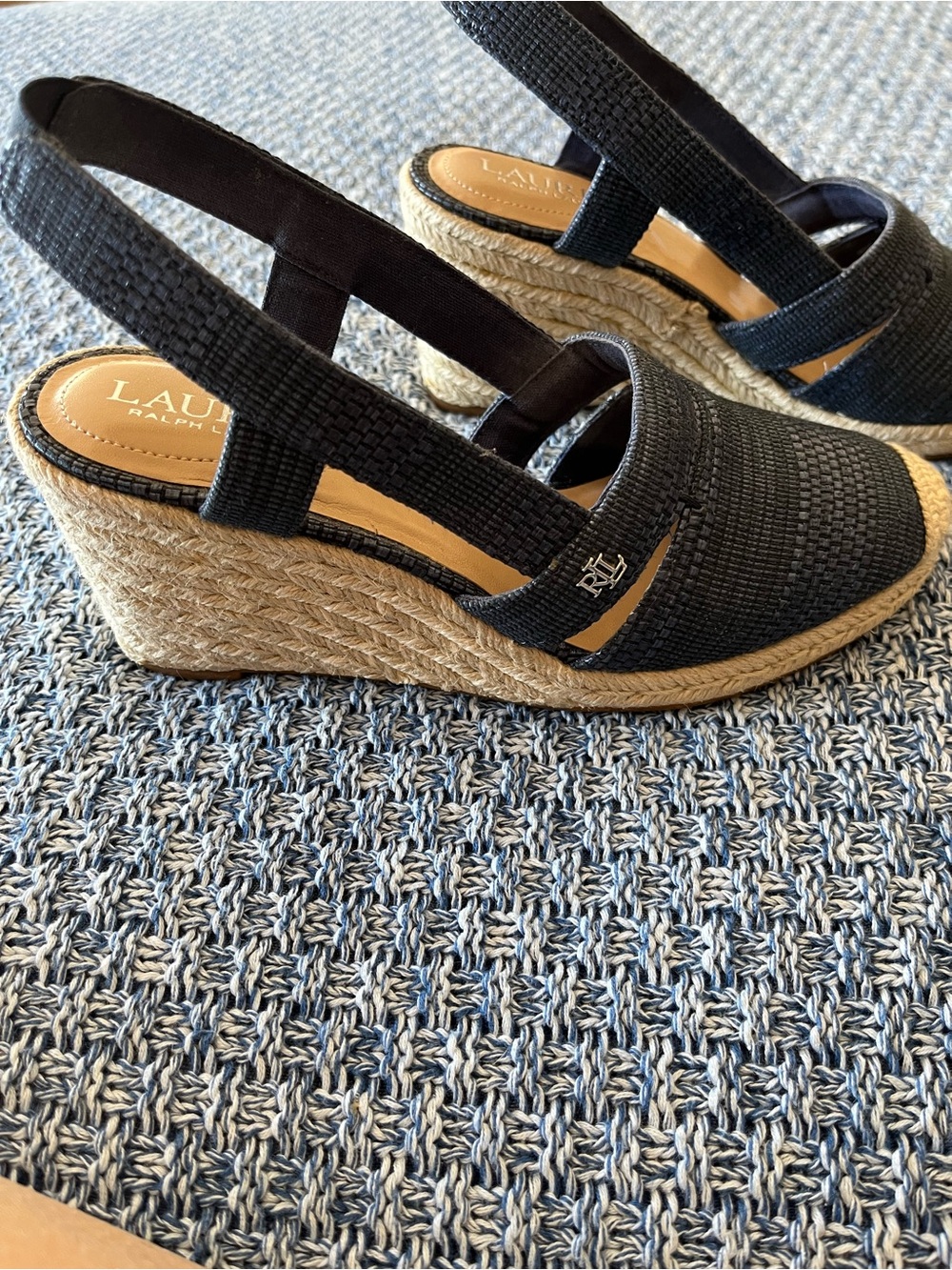LAUREN Ralph Lauren Navy Woven Espadrille Slingback Flats with Natural Jute Toe - Picture 3 of 14